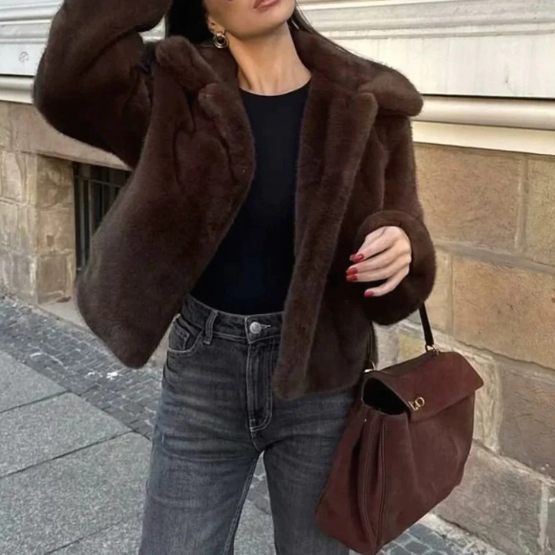 

Короткое пальто Женская куртка Пальто из искусственного меха с отложным воротником Толстая теплая уличная одежда Y2k Элегантные куртки Рабочая верхняя одежда Осень Зима