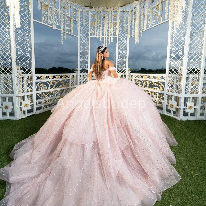 Angelsbride-Vestido De tul brillante para Quinceañera, Vestido De fiesta De noche con cuentas, color rosa claro, 15