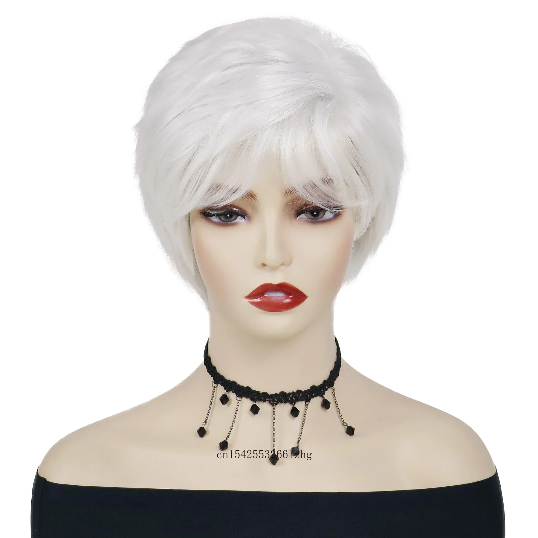 GNIMEGIL Synthetic Women's Hair Natural Pixie Cut Wigs for Women Short Wavy White Wig with Bangs Wave Haircuts Daily Cosplay