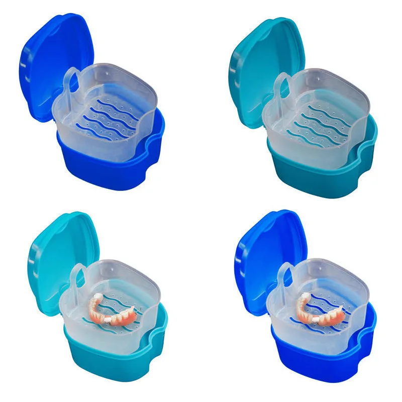 Apple Shaped Denture Box Plastic Dental Denture Retainer With Basket Denture Bath Storage Box False Tooth Case With Hanging Net