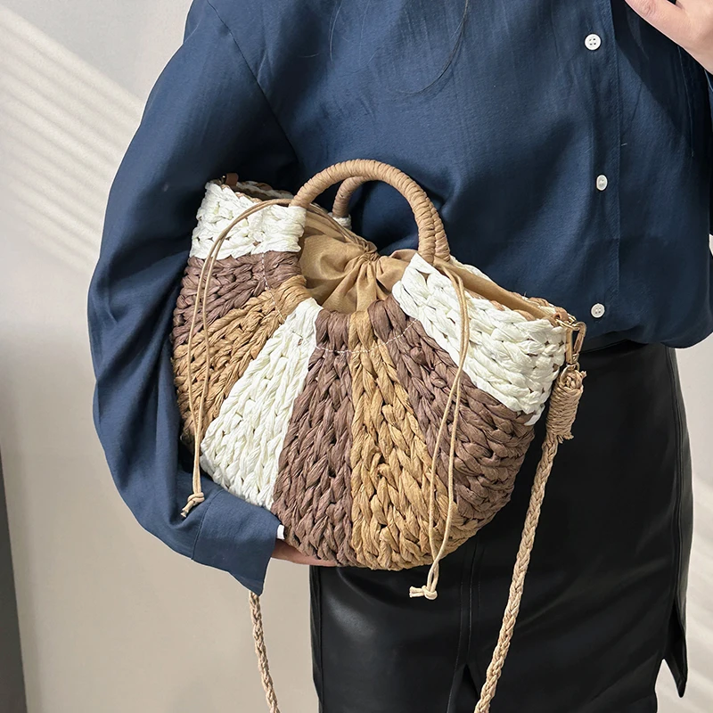 New Summer Straw Bag For Women Splicing Beach Bag Braided Handmade Handbag Bohemia Vacation tote Bag Ladies Baskets Shopping bag