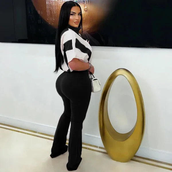 Women Jumpsuits 2025 Casual Color Contrast Short Sleeve Playsuits Elegant Rompers Lapel Collar Flared Pants Lady One Piece Set