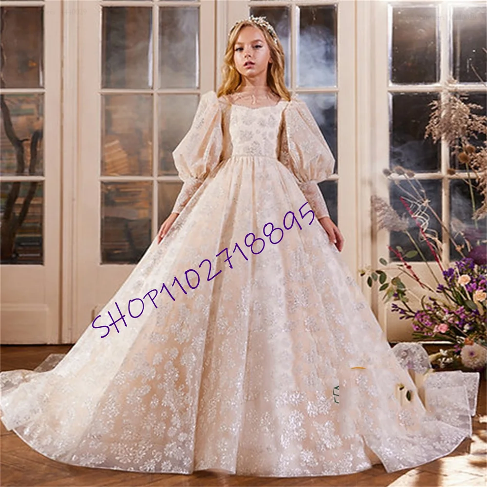 

Full Scoop A Line Flower Girl Dresses New Summer Sequined Full Sleeve Sweep Train Organza 2023 فساتين اطفال للعيد Communion