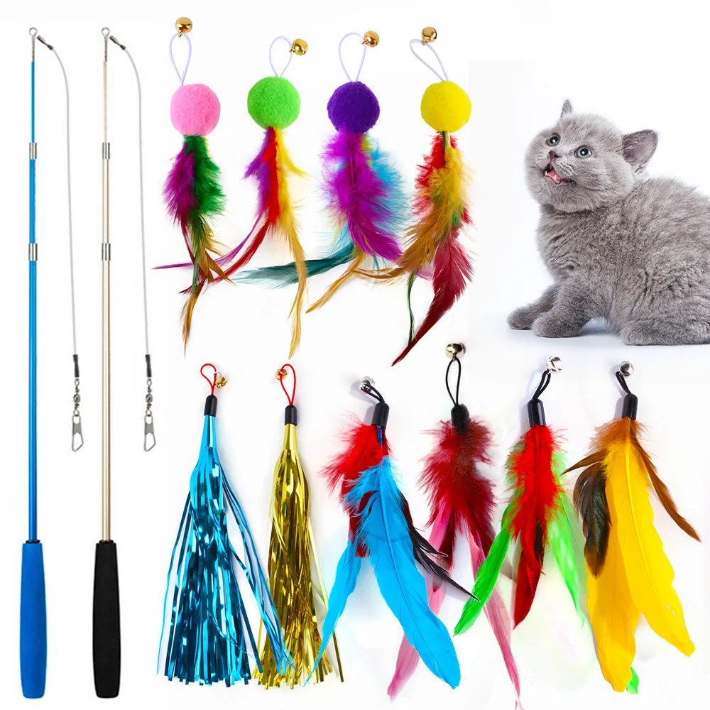 Dreiteilige Angelrute mit Quaste, Haarball, lustige Katze, 12-teiliges Set aus farbigem Feder-Ersatzkopf, Katzenspielzeug, interaktiv – Detail 5