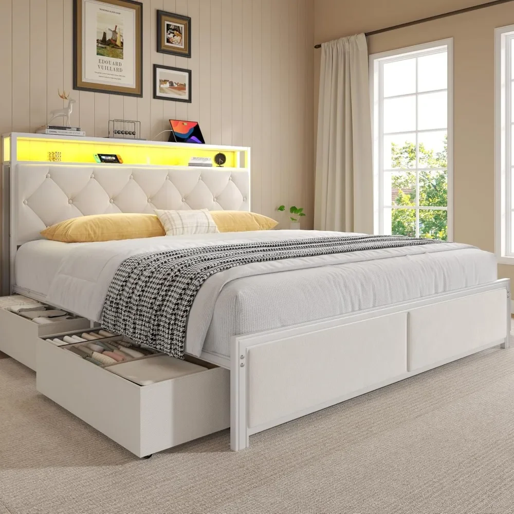 Fluest Queen Bed Frame with 4 Drawers, Upholstered Headboard with Storage, Fast Charging Station, LED Lights, Bed Frame