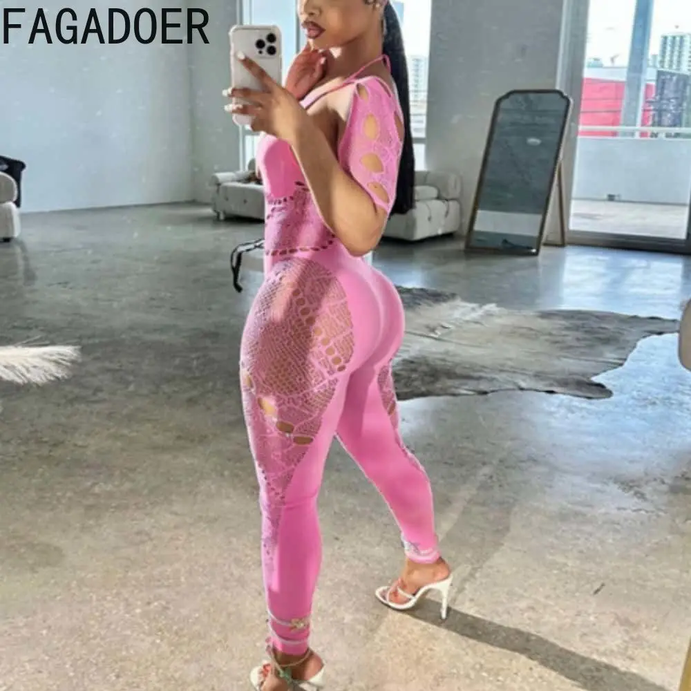 FAGADOER Mesh Lace Up Jumpsuits Women Sexy Coquette Hollow Diamonds Patchwork See Through Slim Overalls Night Club Party Wear