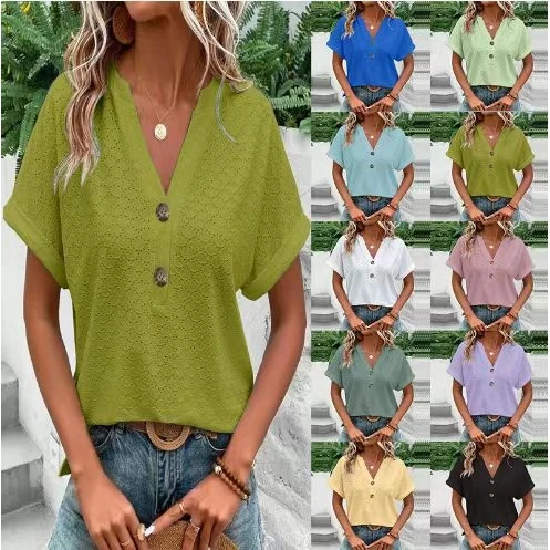 Fashionable Casual Pure Color Button V-Neck T-Shirt Women's Spring Summer New Arrival Independent Cross-Border Station