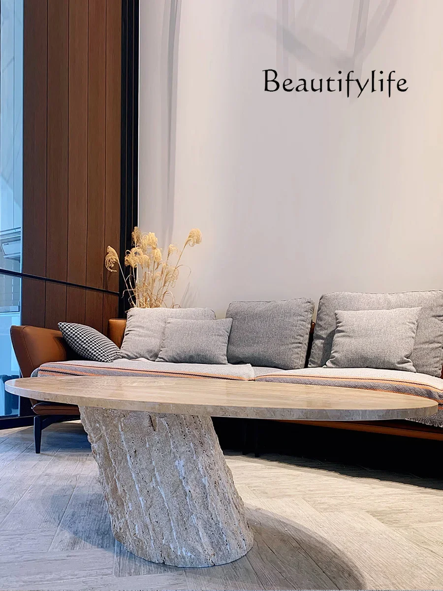 

SS Nordic Marble Coffee Table Living Room Small Apartment Wabi Sand Wind Natural Travertine Designer Art Oval Coffee Table