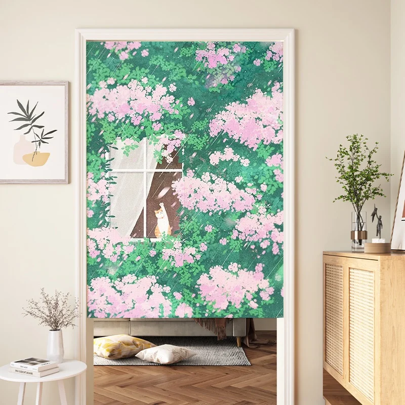 Japanese Cat Pattern Door Curtain No Drill Installation Privacy Curtain for Home Bathroom Bedroom Living Room Decor