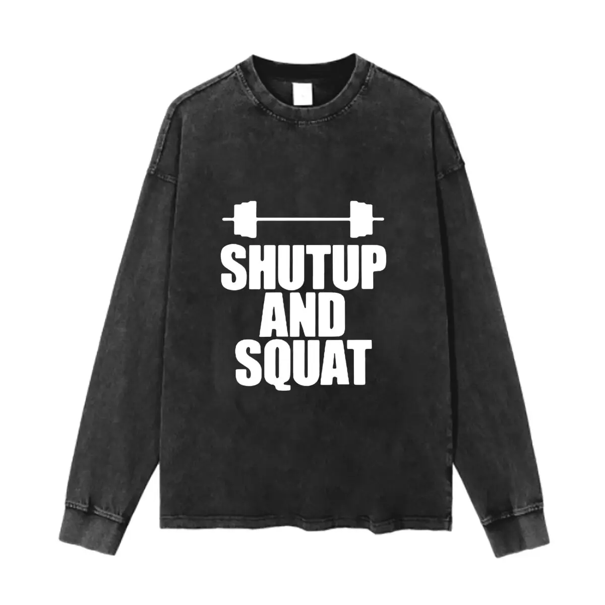 Shut Up and Squat Gym Art Text Washed Vintage Long Sleeves Cotton Tee Shirt Solid O Collared For Men's And Women's