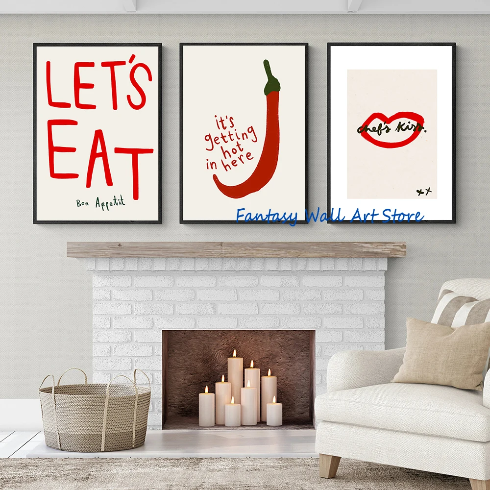Red Kitchen Retro Wall Art Minimalist Line Drawing Lets Eat Home Kitchen Aesthetic Poster Canvas Painting Wall Pictures Decor