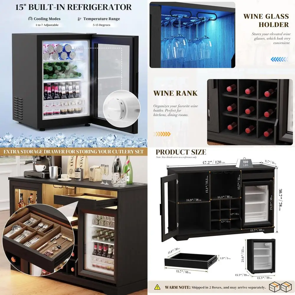 

Coffee Bar Cabinet with Fridge (Fridge Included), Large Liquor Bar Cabinet with LED Lights, Glass Holder & Wine Rack, Wine Cabin