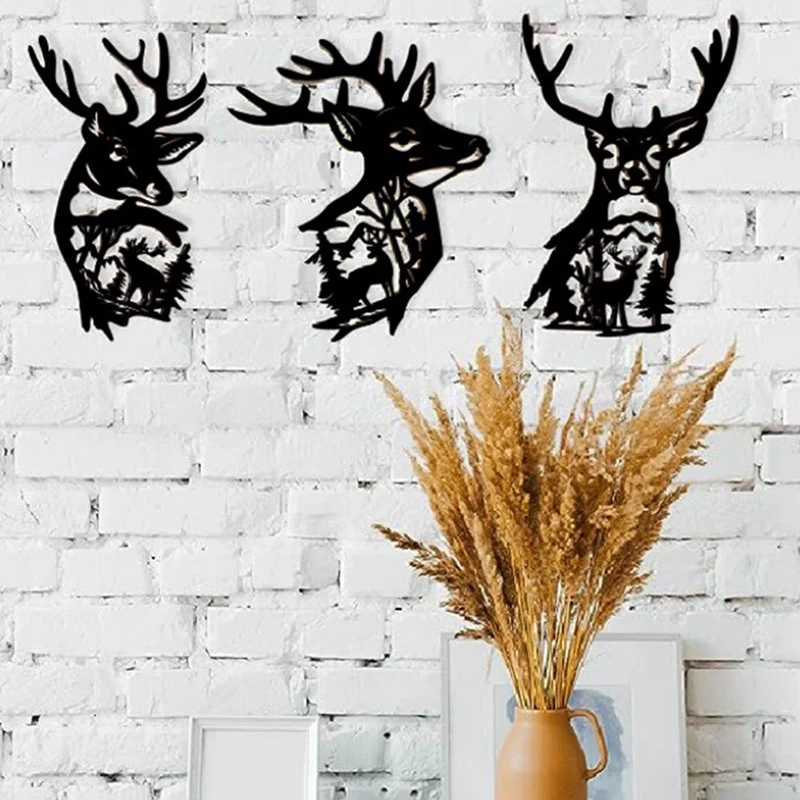 3 Piece Deer Wall Art Decor, Rustic Cabin Decor Hunting Decor Metal For Home Bathroom Bedroom Lodge, Deer In The Forest Tree