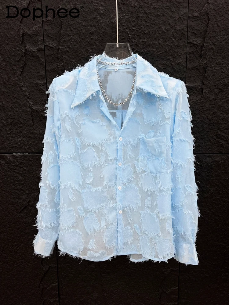 

2025 Summer Thin Hollow Out Mesh Gauze Long-sleeve Tops Men's Tassels Handsome Slightly Transparent Loose Shoulder Padded Shirt