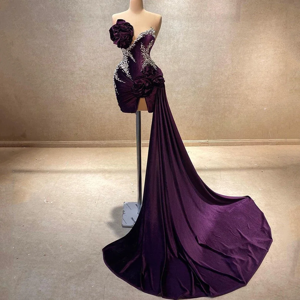 Flechazo Sexy Mini Cocktail Dress Dark Purple Strapless with 3D Flower and Pearls Women Side Sweep Train Party Banquet Gowns