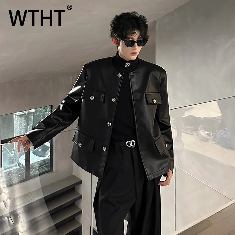 

WTHT Fashion Men's Solid Color Shoulder Pads Leather Coats Trendy American Style O-neck Loose Jackets Male 2025 Autumn 2A2147