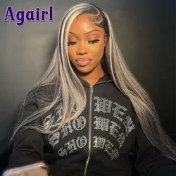 13x6 13x4 Straight Lace Frontal Wig Black With Silver Gray Highlight Lace Front Wig Pre Plucked 5X5 Lace Closure Human Hair Wigs