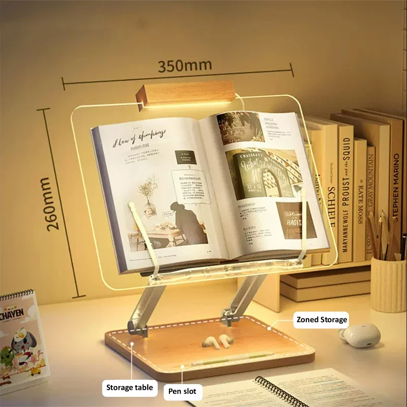 Wooden Reading Stand with light Transparent Acrylic Multifunction Lifting Tablet Holder Laptop Bracket Desktop Storage Bookshelf