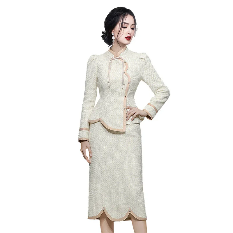 Women's autumn/winter tweed 2pcs set with button up long sleeved jacket and half skirt 2024 small fragrant fashion set