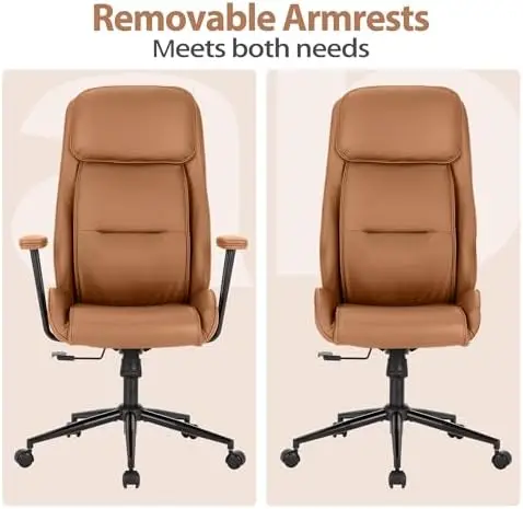 High Back Office Chair, Ergonomic Reclining Swivel Chair, Brown Leather with Lumbar Support