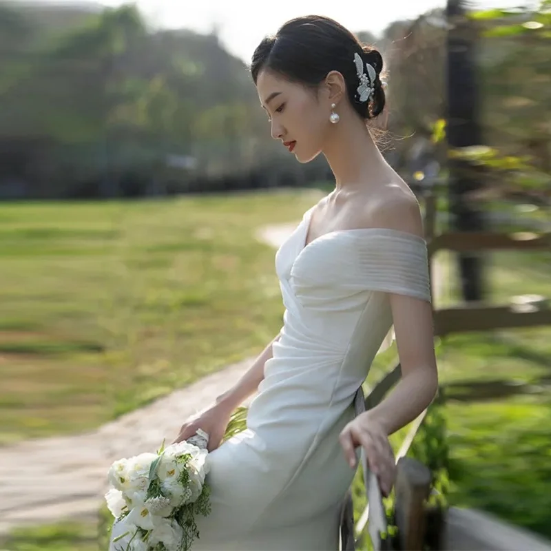 Robe de mariée légère en Satin pour femmes, épaules dénudées, Style français, sirène, robes de soirée élégantes, robe blanche personnalisée