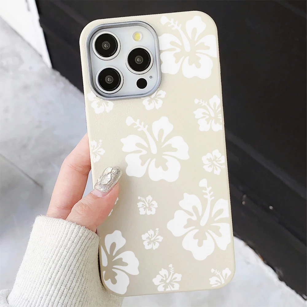 Minimal Korean White Floral Case For Samsung Galaxy A35 A54 A55 A36 A56 A34 S26 Ultra S25 S24 S23 S22 S21 Plus FE Leather Cover