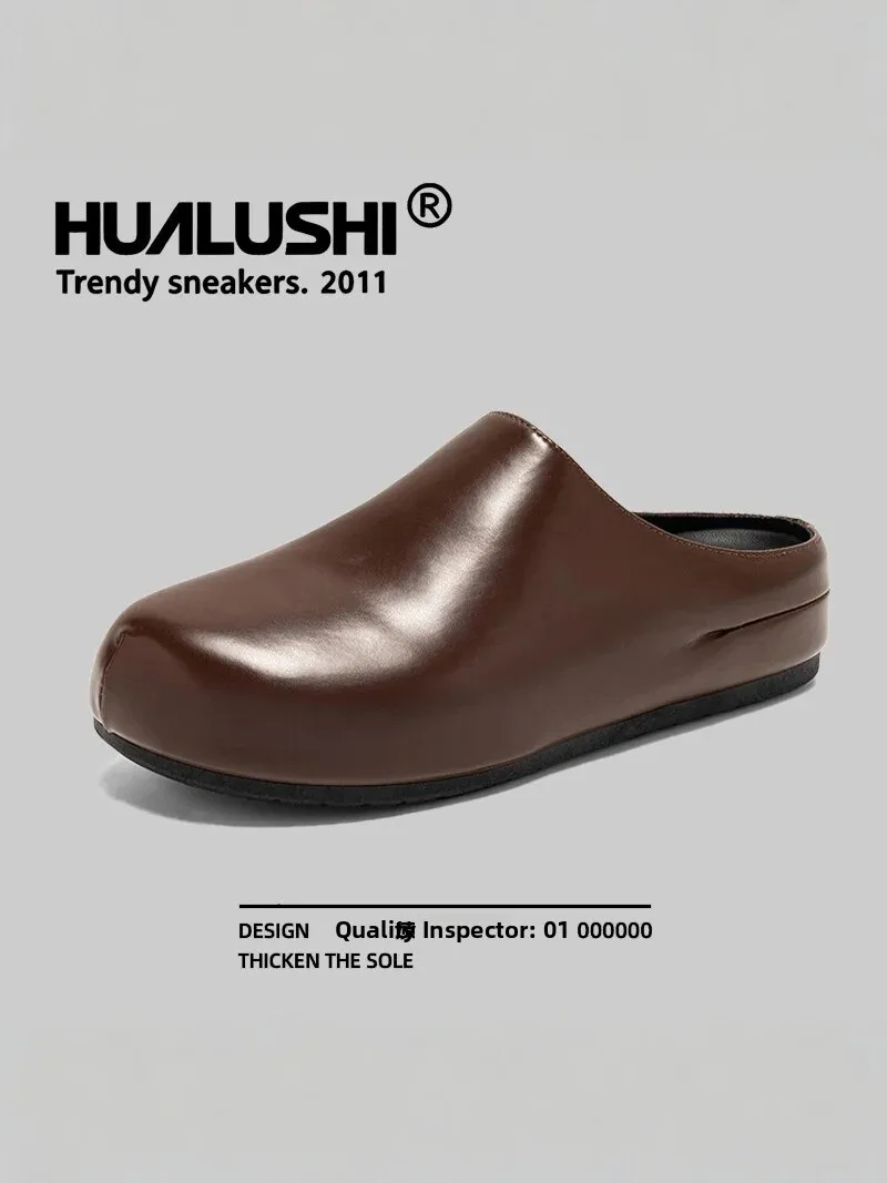 Brown Men's Slip-On Office Shoes Fall Outdoor Wear Anti-Slip Headed Mules Lazy One-Step-On Waterproof Rubber Soled Flats
