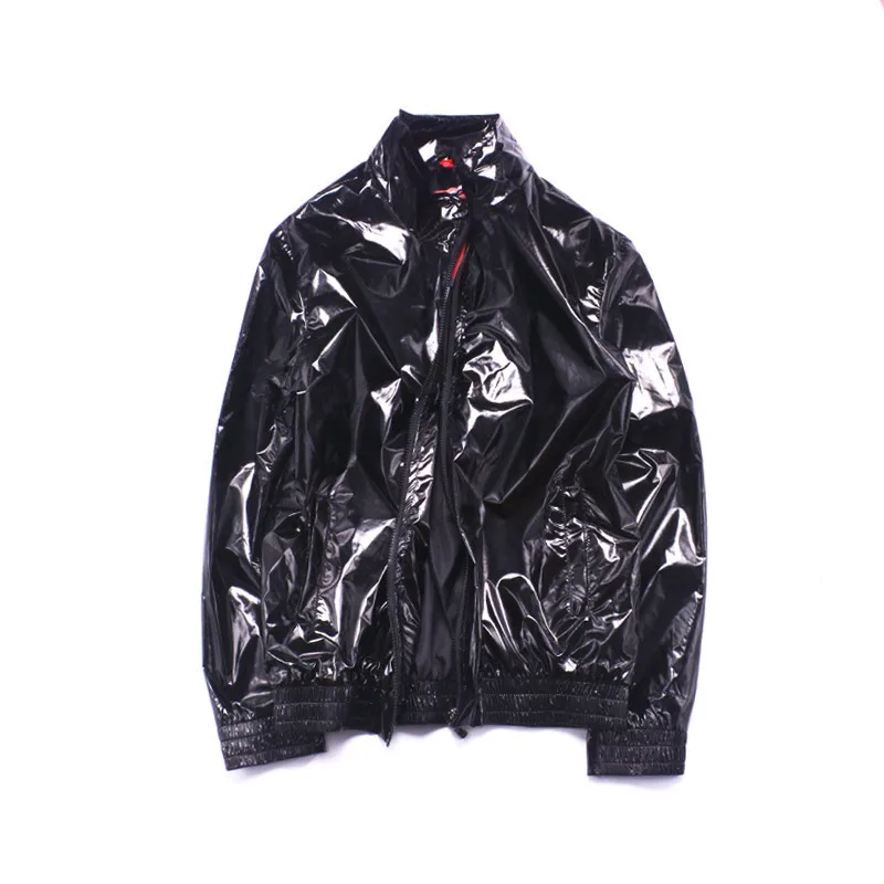 Men Glossy Baseball Jacket Male Metallic Night Club Dancing Coat Motorcycle Black Straight Clubwear DJ Singer Shiny Windbreaker