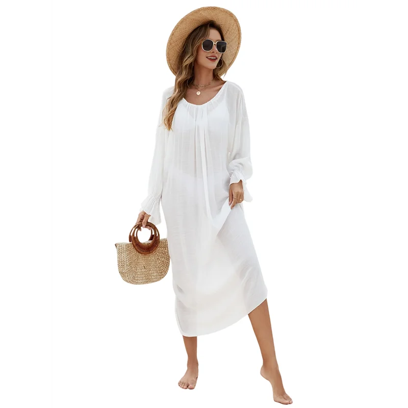 

ASDS-Women Solid Color Cover Up Crew Neck Backless Plus Size Beach Kaftan Dresses