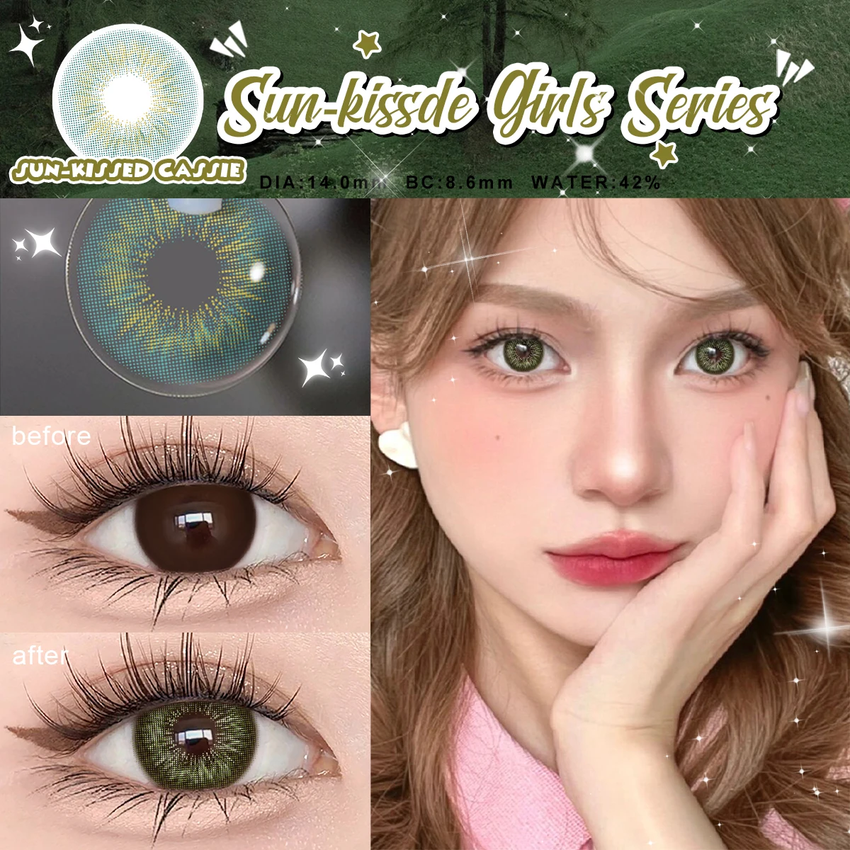 Lentes de Contato Cor Coreana Bio-Essence para Olhos, Marrom Natural, Azul, Olho Verde, Moda Beleza, 1 Par