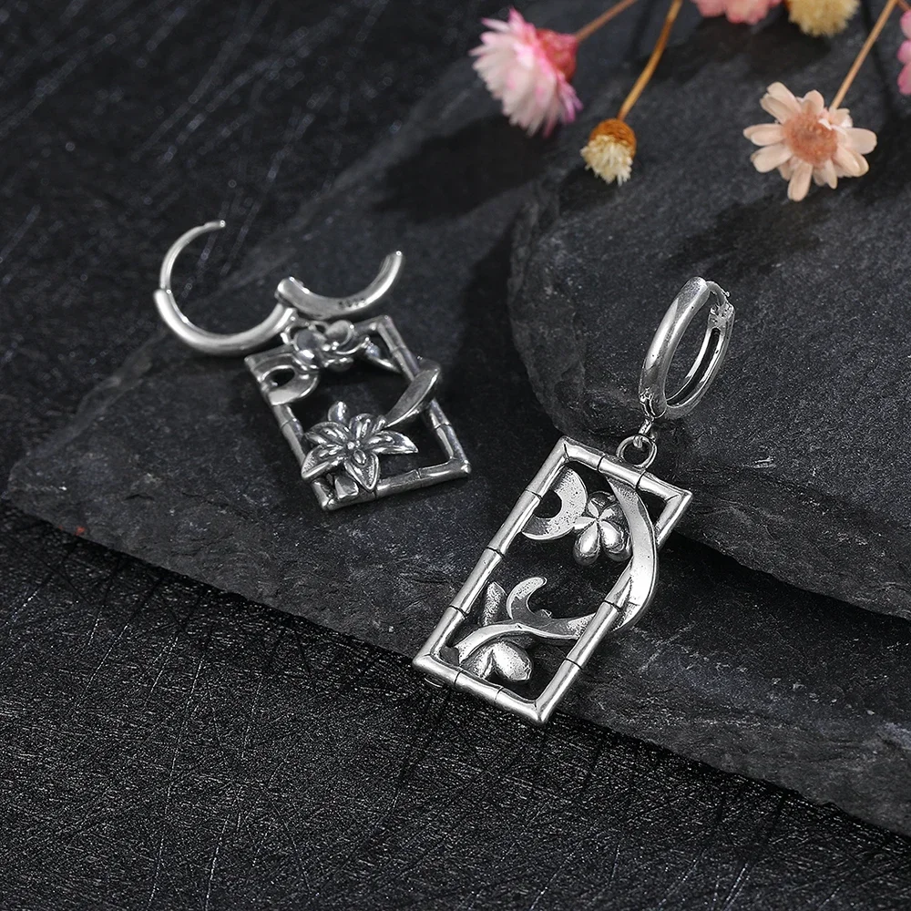 Винтажные серебряные серьги S925, изысканные прямоугольные серьги-кольца с цветком и листьями для женщин, вечерние украшения