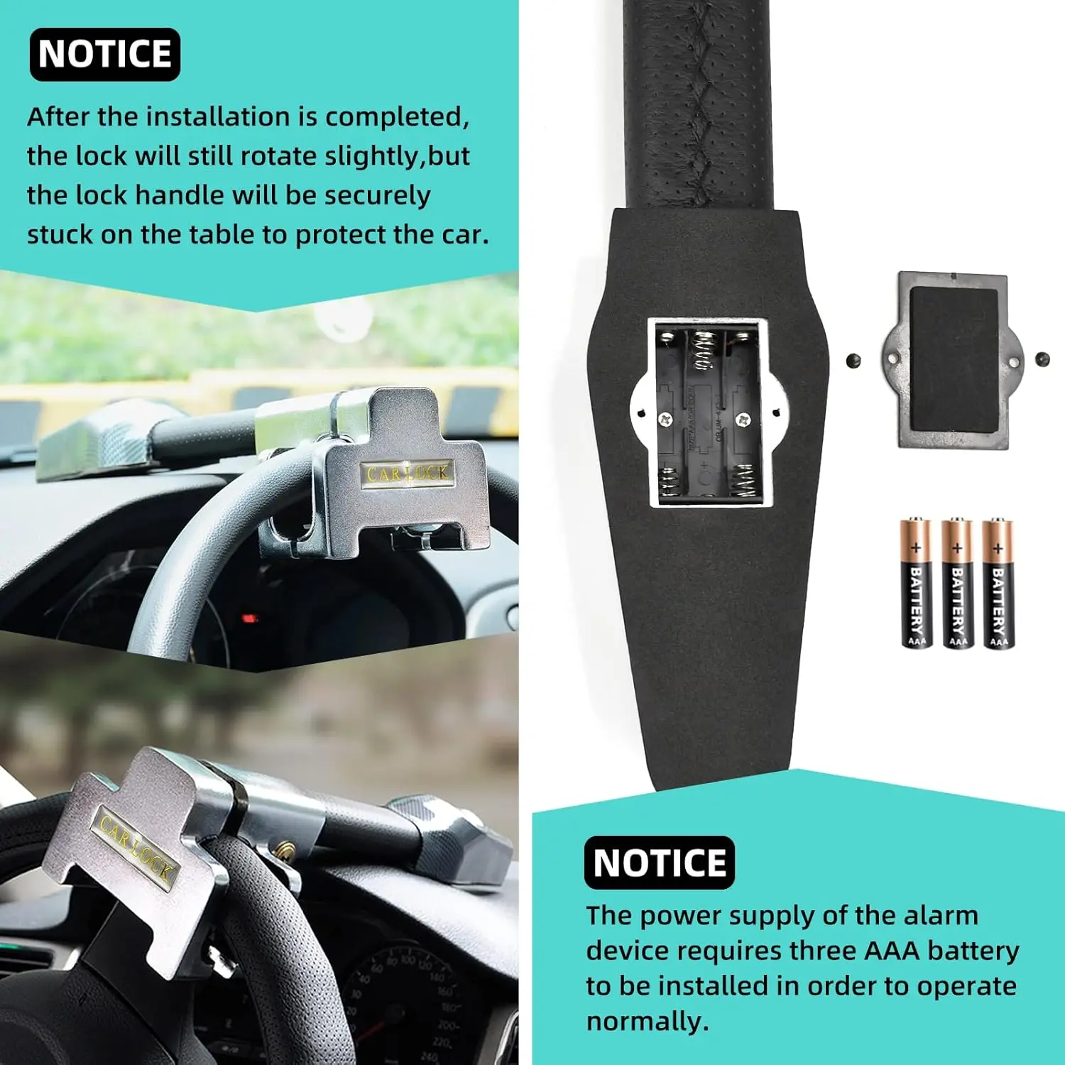 قفل عجلة قيادة مضاد للسرقة مع منبه، قفل أمان للسيارة مناسب عالميًا، فولاذ مقاوم للصدأ عالي التحمل، مفتاحين، أسود #5