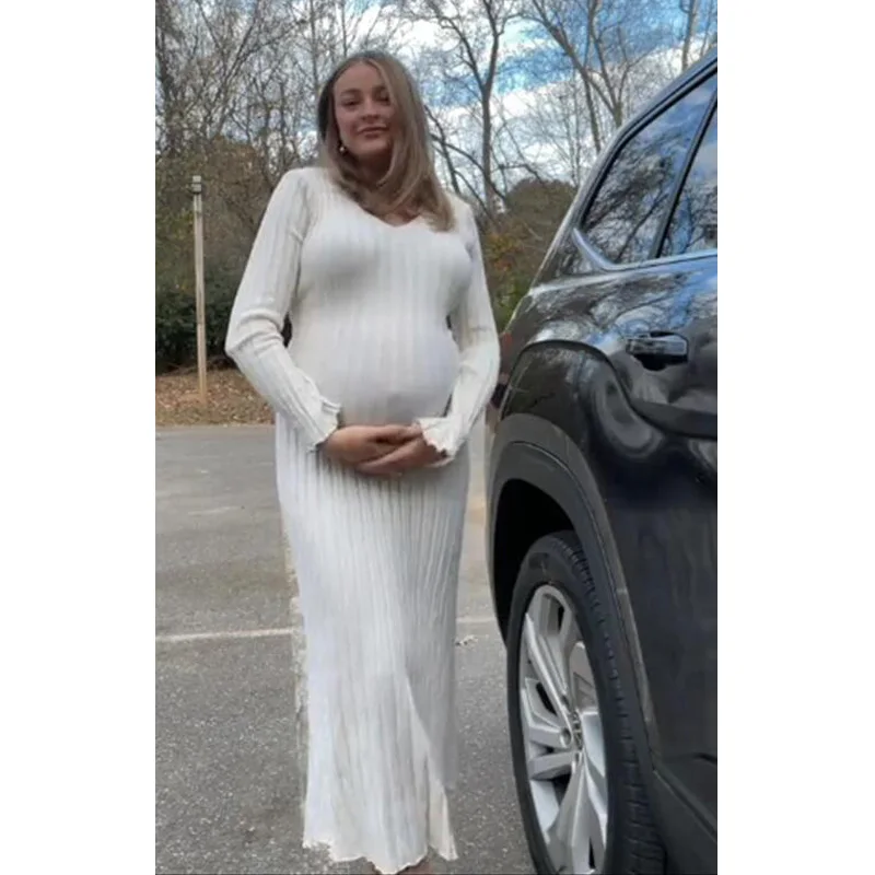 Maternity Women Ribbed Knit Maxi Dress Long Sleeve V Neck Slim Fit Bodycon Pencil Long Dress Party Clubwear Baby Show