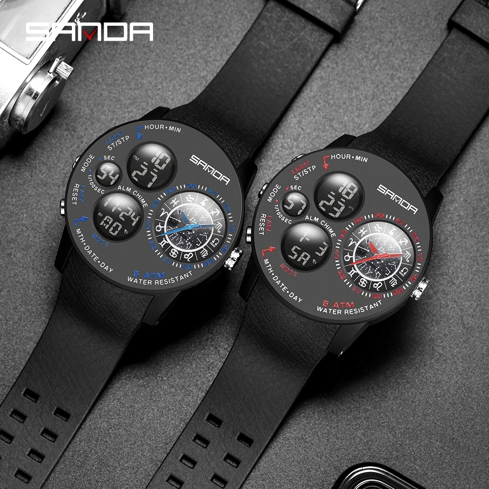 SANDA 2023 Fashion Outdoor Mens orologi Top Brand Military Sports orologio al quarzo Dual Display orologio da polso orologio impermeabile 6036