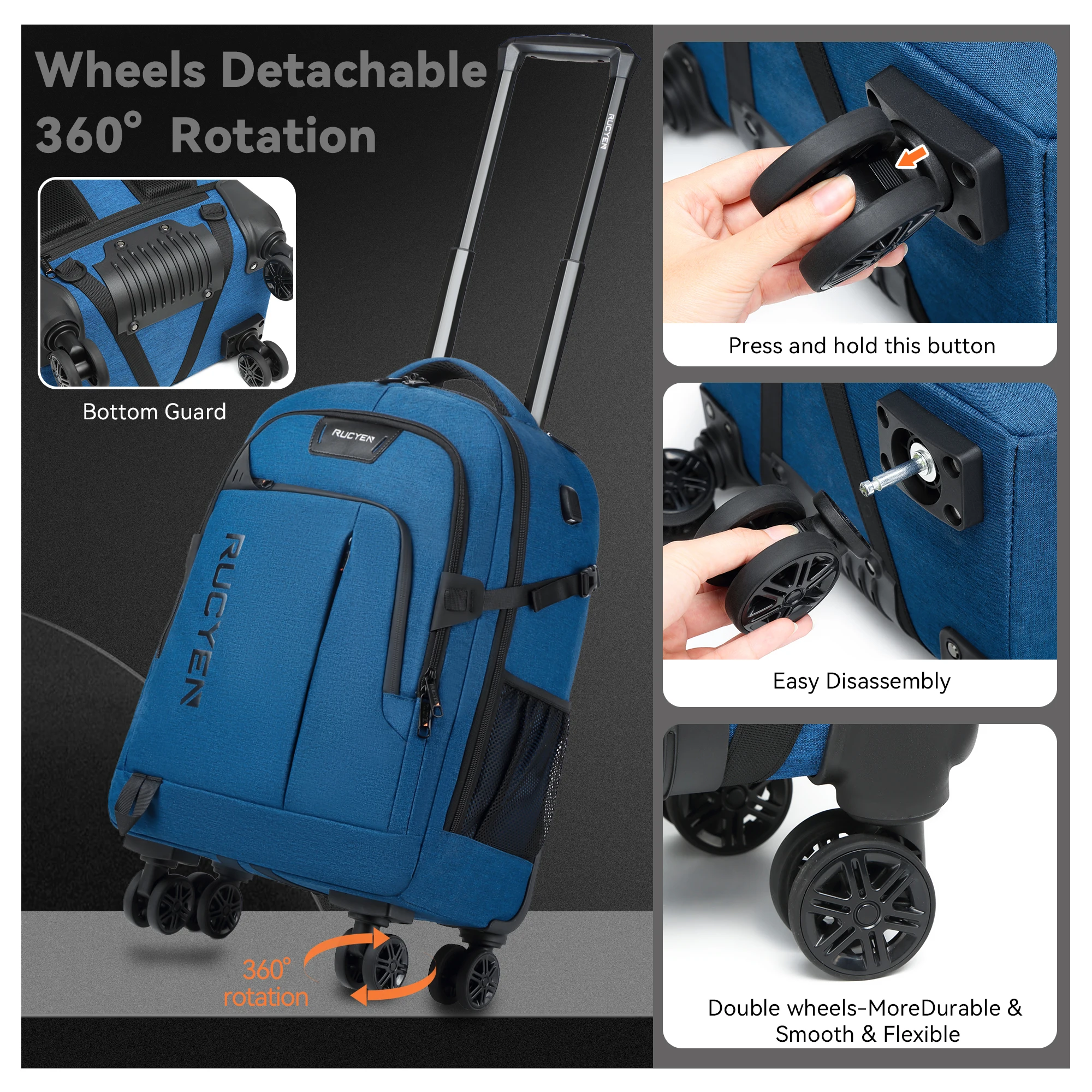 24 inch Rolling Backpack Water-Proof Travel Backpack with Detachable Wheels Rolling Wheeled Backpack for Business Travel 2 Pack