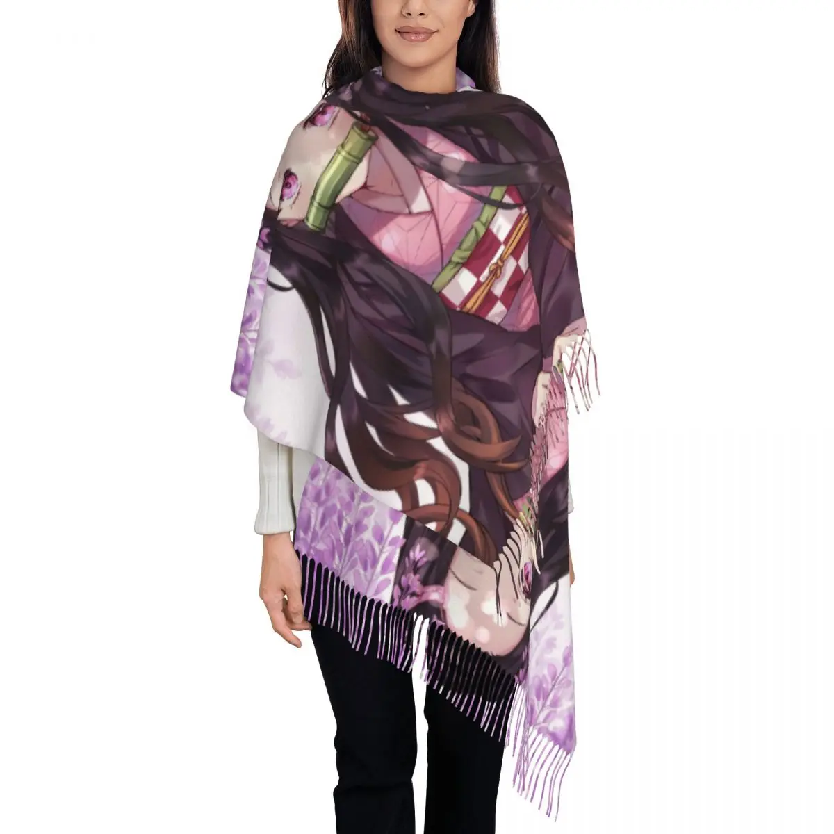 

Женский шарф с кисточками Demon Slayer аниме Kimetsu No Yaiba, большая зимне-осенняя шаль, камадо Незуко, повседневная одежда, кашемировый шарф