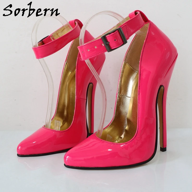 Sorbern Neon 16Cm High Heel Women Pump Shoes Stilettos Wide Ankle Strap Pointed Toe Sissy Boy Fetish Arch Heeled Footwear