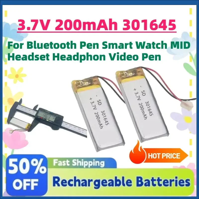 

Fast Shipping 4 PCS 3.7V 200mAh 301645 Li-po Rechargeable Battery For Bluetooth Pen Smart Watch MID Headset Headphon Video