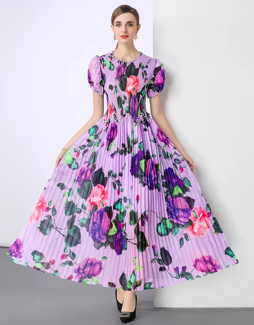 

Miyake Gorgeous Flower Pleated Long Dress For Women Crystal Beading O-Neck Short Sleeve Oversize Large Maxi Robe Vestidos