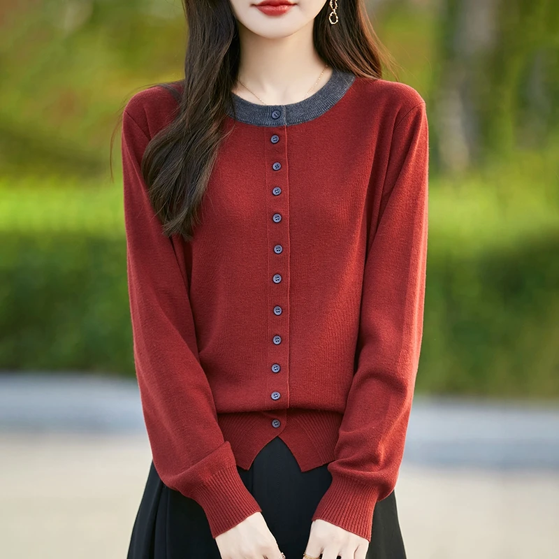 

Кардиган из тонкой шерсти с контрастным воротником, вязаный свитер для весны и осени, повседневный свитер с круглым вырезом, модные топы для женщин.