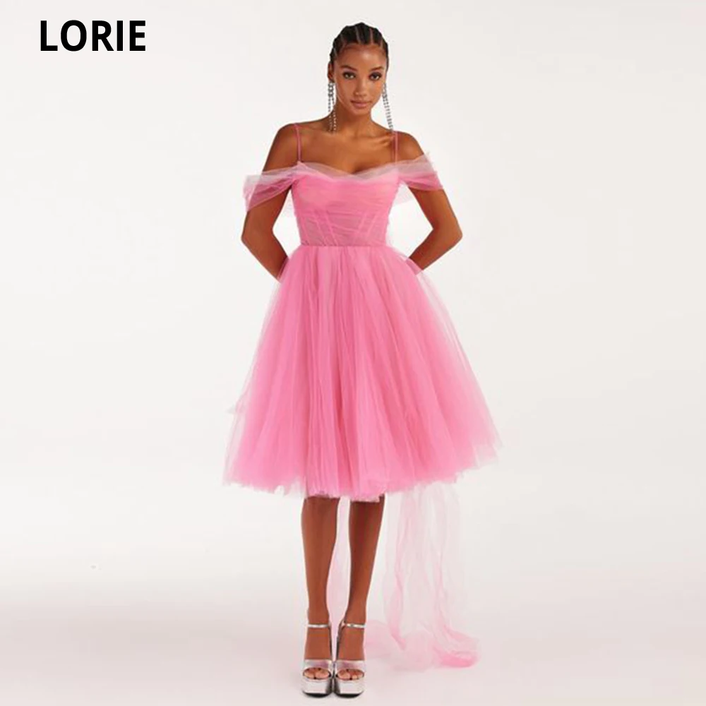 

LORIE Pink Tulle Short Evening Dresses Off The Shoulder Saudi Arabia Knee Length Pleat Prom Gown For Women Vestido De Festa