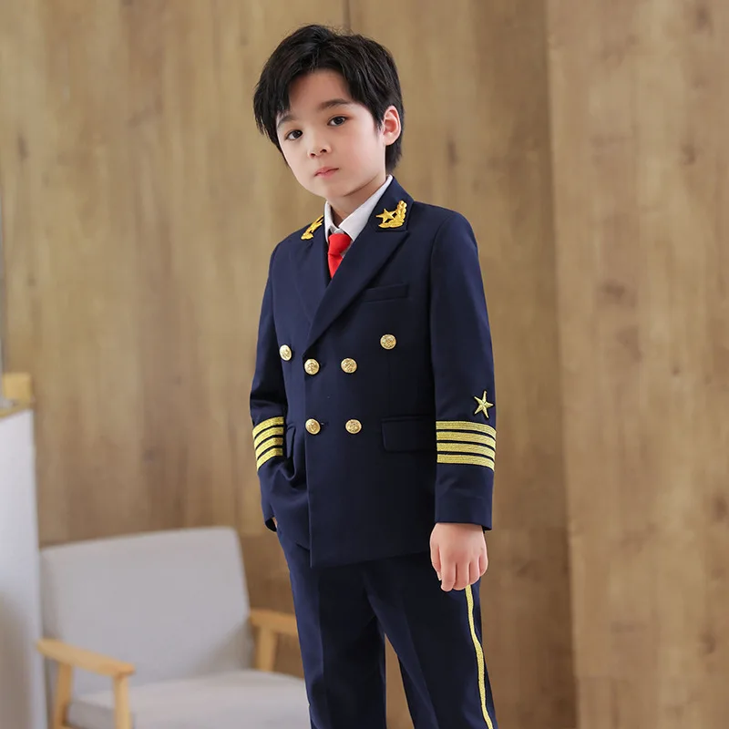 Kids Jakcet Pants Tie Performance Suit Children White Pilot Cos Play Uniform Boys Photograph Dress Teenagers Stage Costume