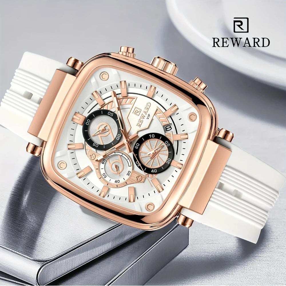 REWARD 83006 Men's Rectangular Design Watch Quartz Waterproof Automatic Date Silicone Strap Luxury Casual Watches for Man Reloj