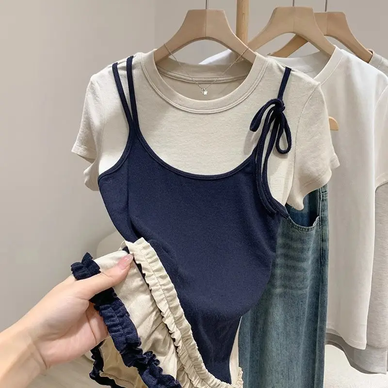 

Women's T Shirt Large Size Fake Two-piece Camisole Spliced Short Sleeved T-shirt New Summer Color Blocking Slim Tops Tees