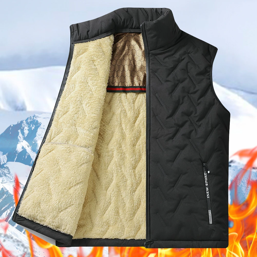 Mens Warm Sleeveless Jackets Fleece-Lined Stand-Up Collar Casual Waistcoat Thermal Clothing Motorcycle Travel Running Vest