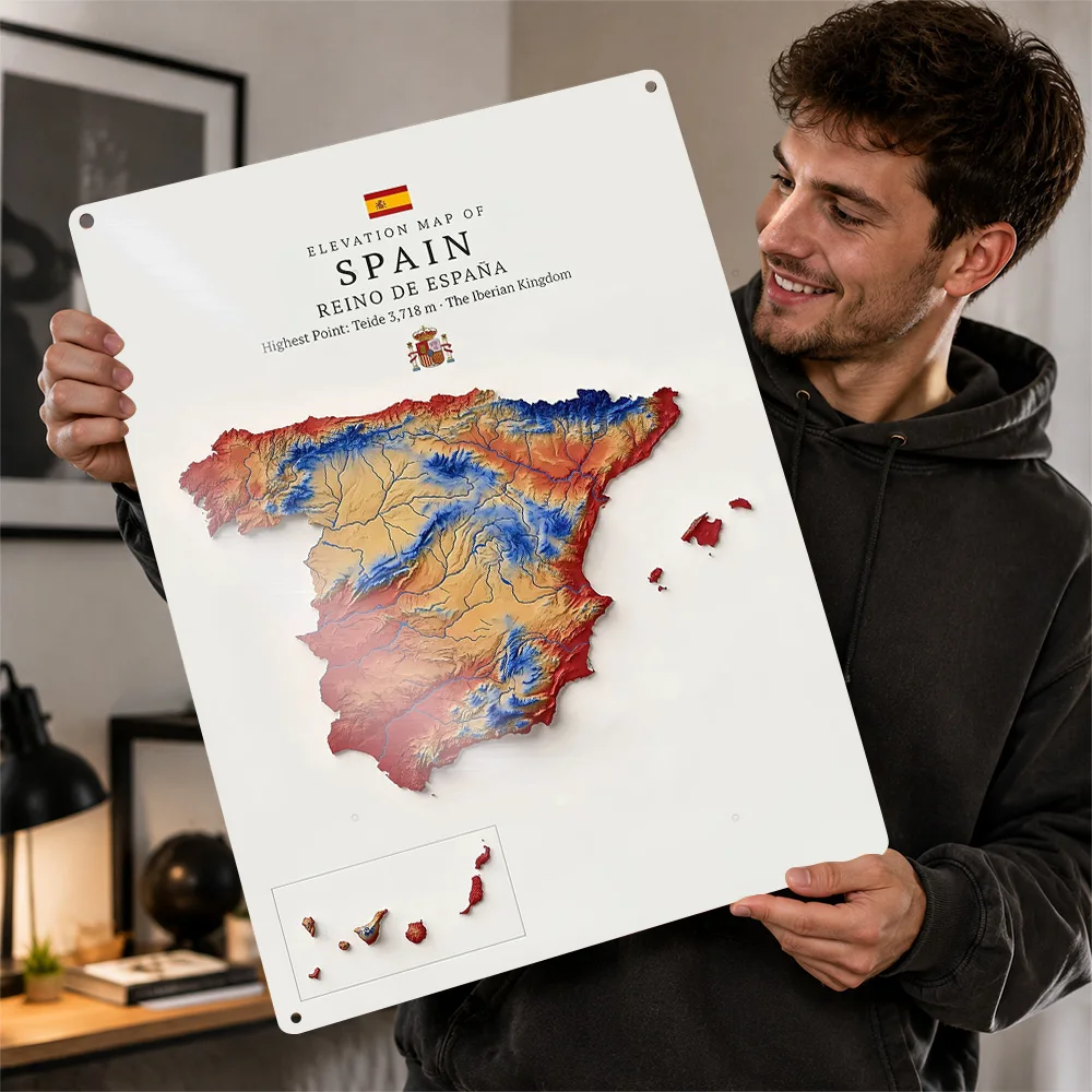 Elevation Map of Spain Poster Retro 3D Printed Metal Signs Customized Wall Hanging Gift for Living Room Interior Decoration Art