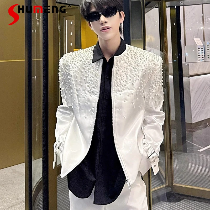 

2025 Men's Autumn New Fashion Coats Solid Color Short Style Jackets Men's Pearl Design Personality Stylish Long Sleeve Jackets