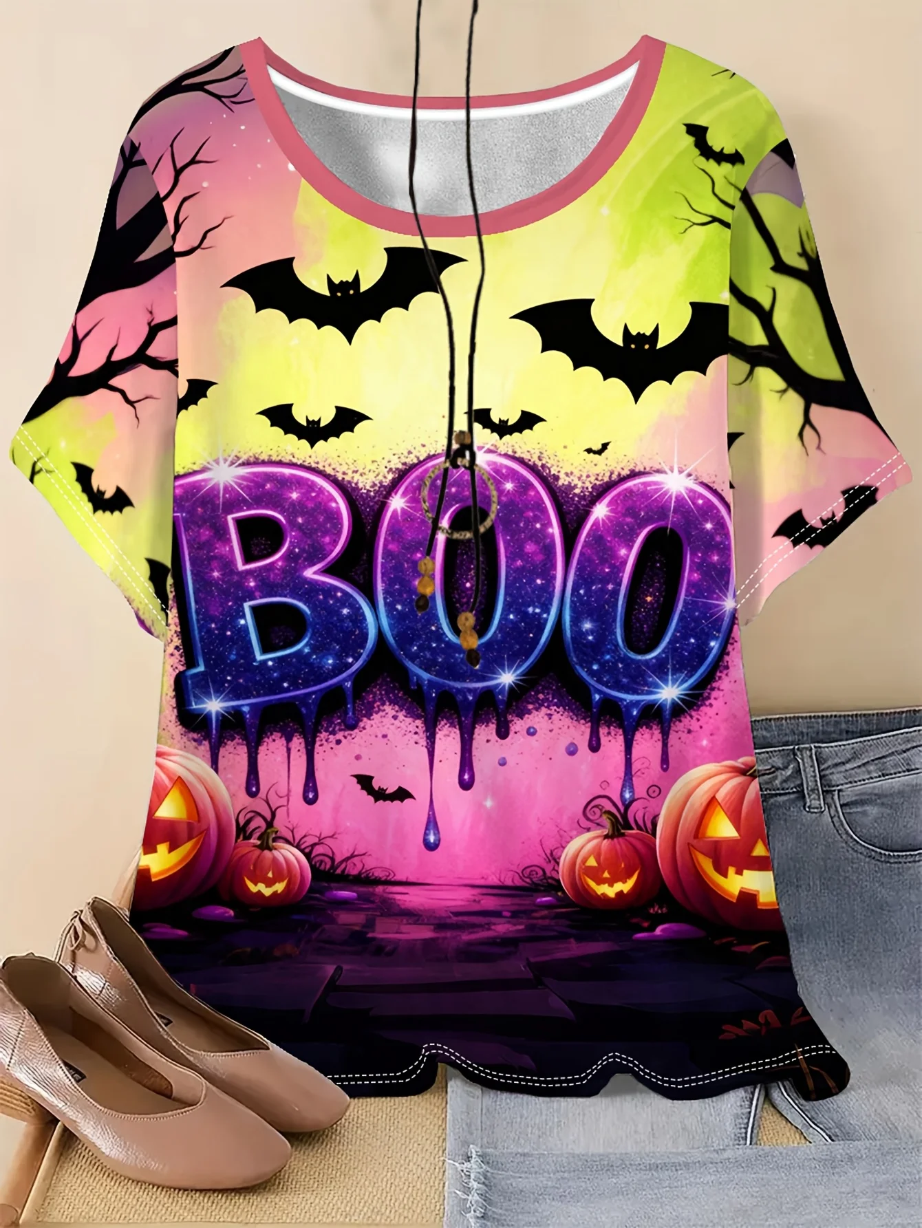 2026 Women Round Neck Short Sleeve Tee T-shirts Halloween Boo Pumpkin Graphic Print Casual Summer Daily Top Women's Clothes
