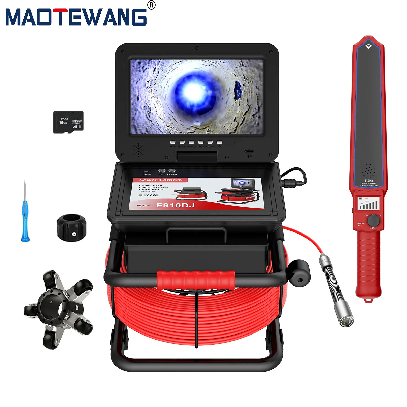 

10" Sewer Pipe Inspection Camera With 512hz Locator+Meter Counter+5MM Fiberglass Cable Sewer Camera 16GB TF Card 4500mah Battery