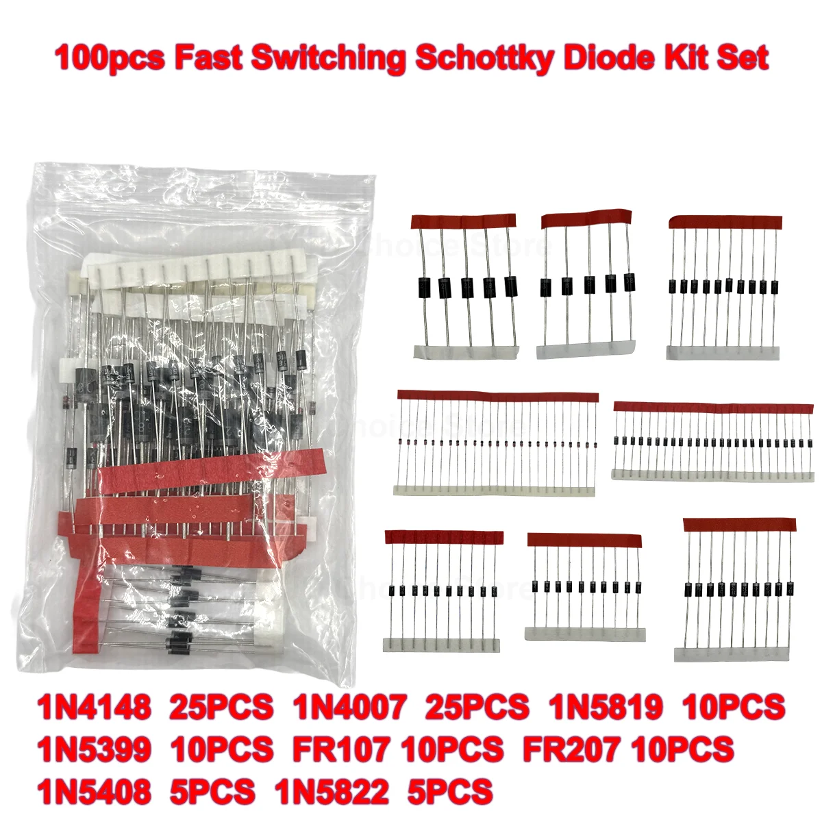 100pcs Fast Switching Schottky Diode Kit Set 1N4148 1N4007 1N5819 1N5399 1N5408 1N5822 FR107 FR207 8values Electronic Components